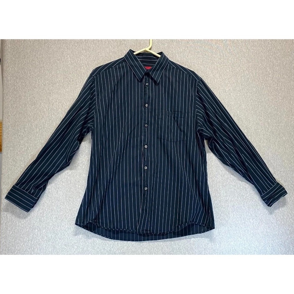 Alfani Fitted Dress Shirt Mens 16.5, 34/35 Black White Striped Cotton Formal